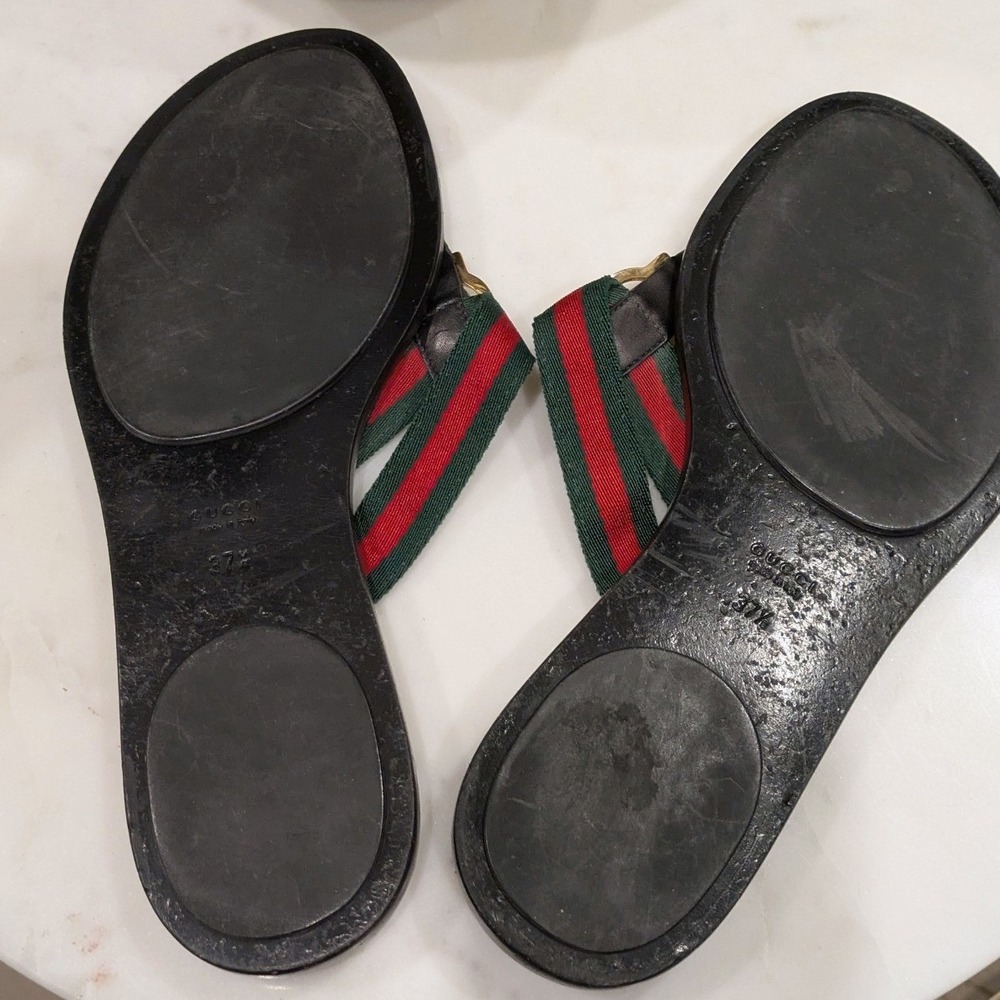 Gucci Flip Flop Thong Sandals Women 37.5 Black Green Red GG Monogram - Picture 3 of 14